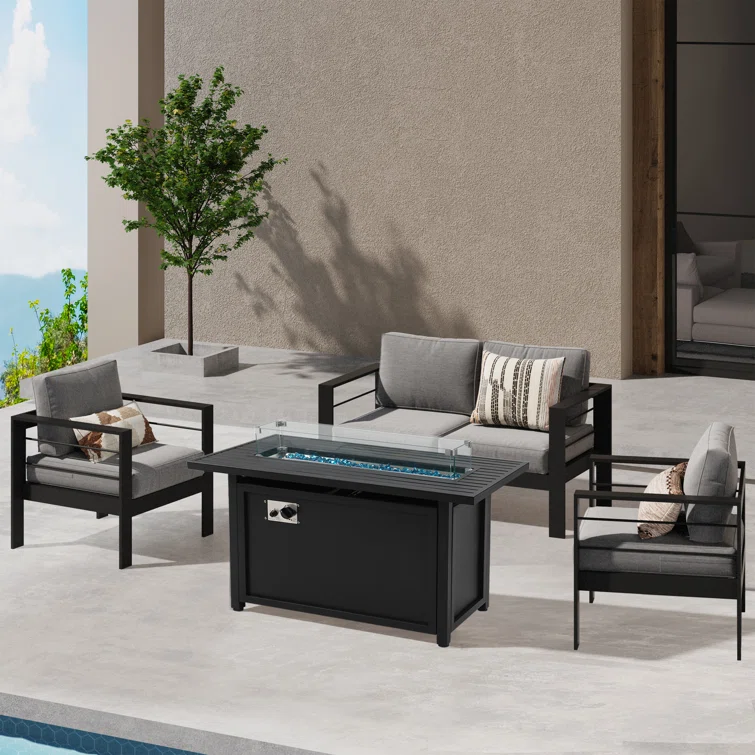 4 - Person Sofa Seating Group With  Cushions and Fire Pit Table
