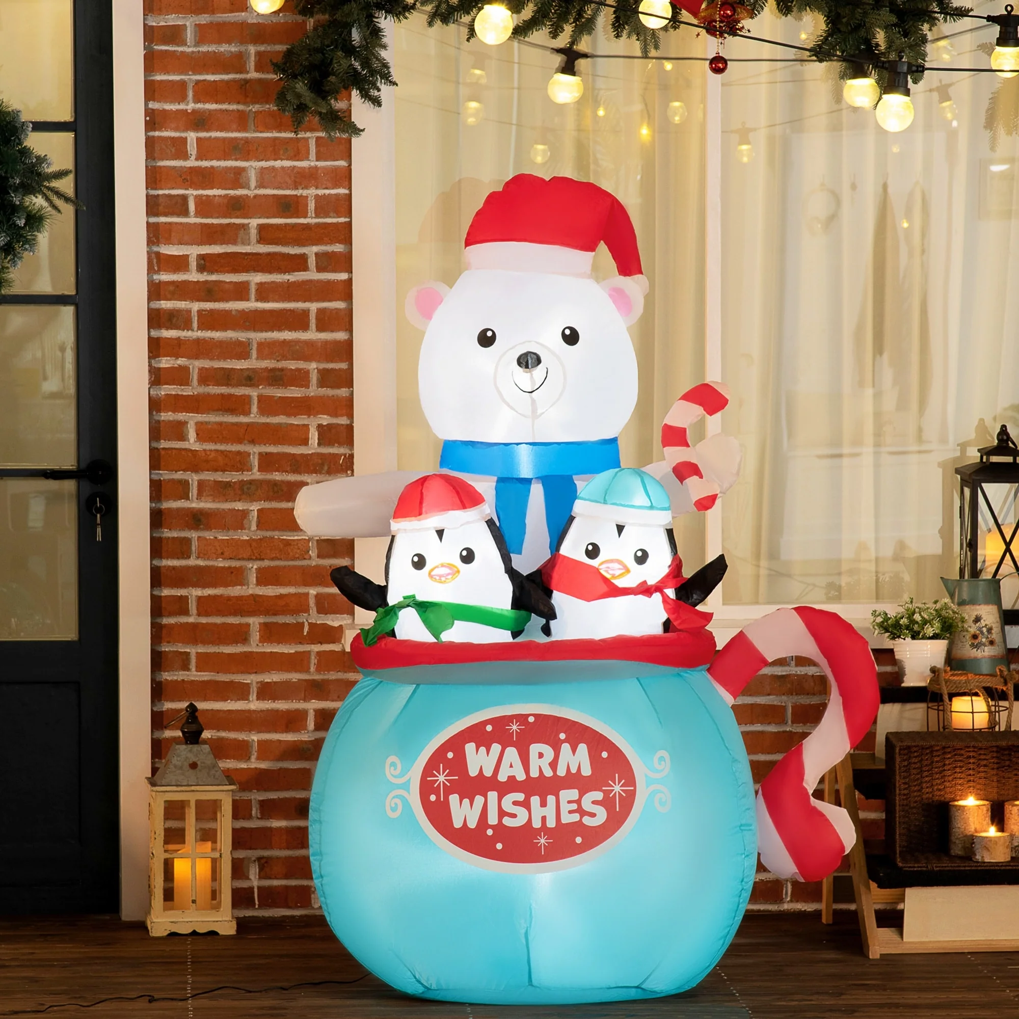 5ft Christmas Inflatables Outdoor Decorations Blessed Polar Bear and Penguins in the Cup, Blow-Up LED Yard Christmas Decor