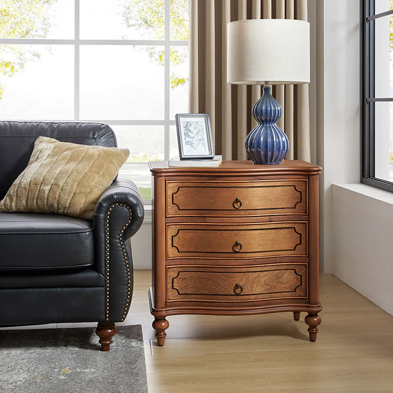 Bernhard 3-Drawer Traditional Style Nightstand Chest with Solid Wood Legs and Built-In Outlets