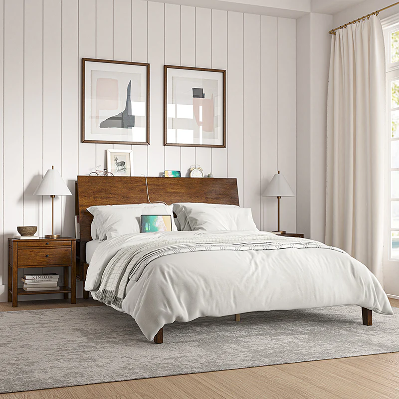 Vivian Solid Wood Platform Bed with USB Ports and Storage Space