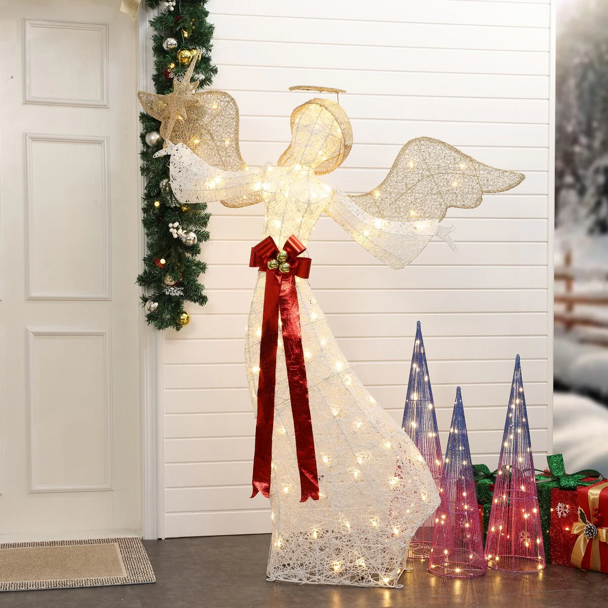 5.7Ft 3D Christmas Angel with Star Holiday Decorations with Lights - Multi-Color/White