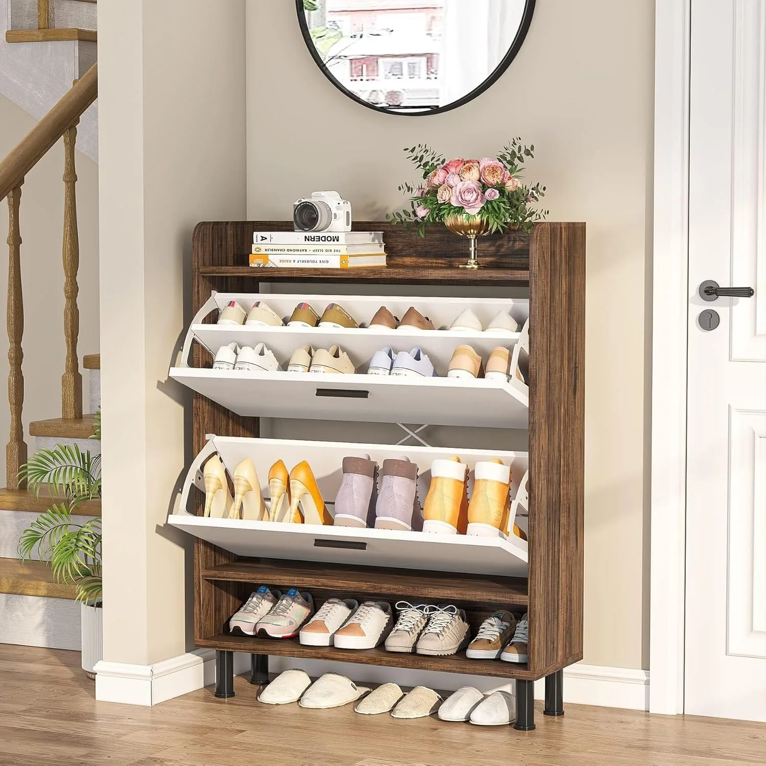 24 Pairs Shoe Storage Cabinet Rack with 2 Flip Drawers - 2-Tier