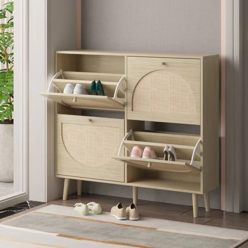Rattan Shoe Cabinet with 2 / 4 Flip Drawers, Narrow Shoe Storage Cabinet,Organizer for Entryway, Bedroom, Living Room