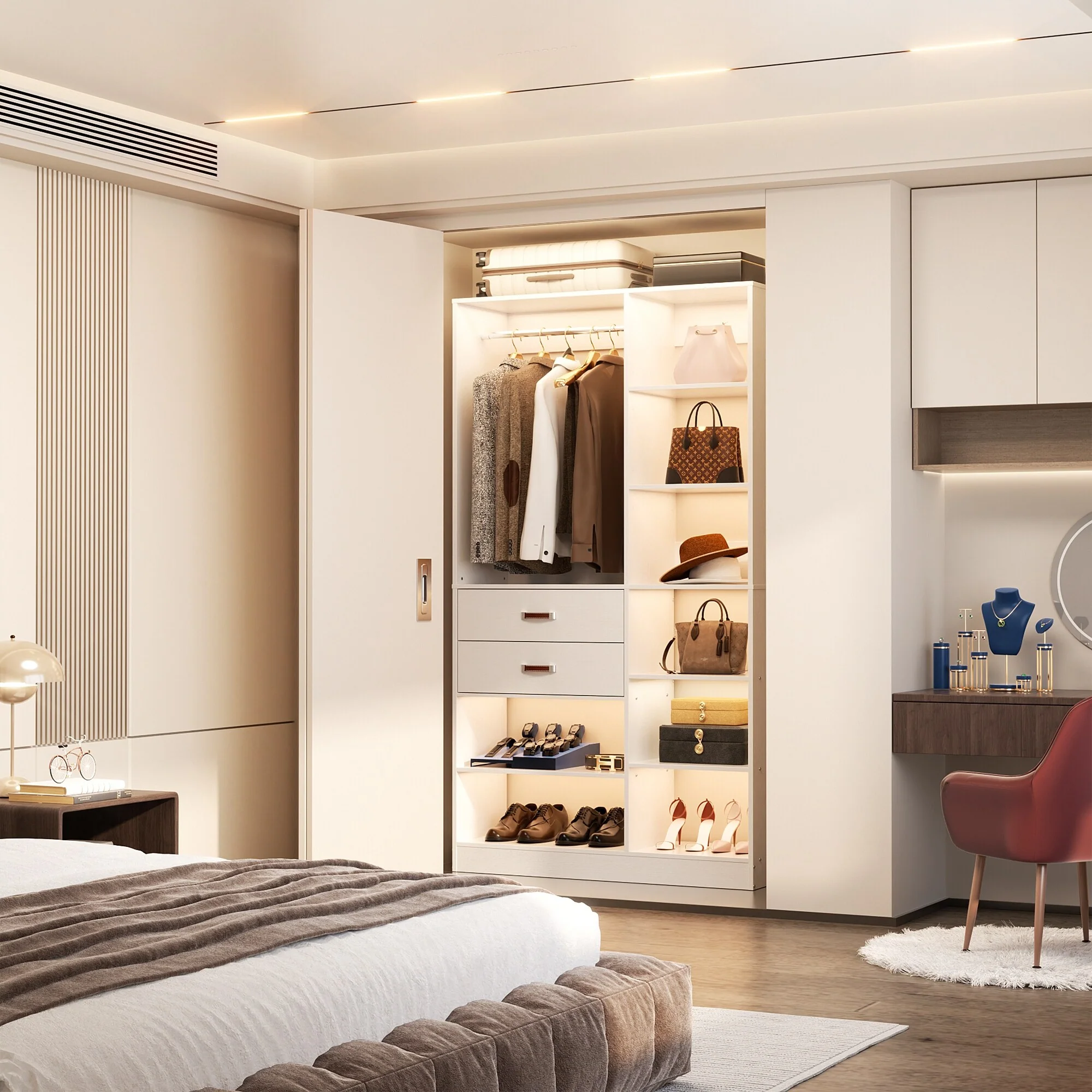 39.4''W Freestanding Walk-in Closet System with 2 Drawers and 10 Storage Shelves