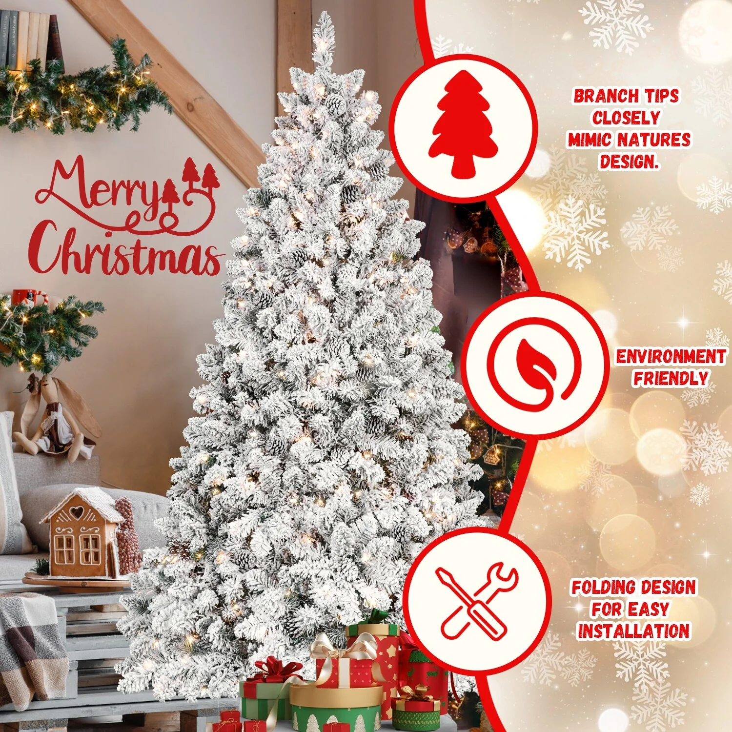 4.5FT Flocked Christmas Tree with 250 UL Lights and 24 Natural Pine Cone-Snowy PVC Tips, 498 Tips, Hinged Structure