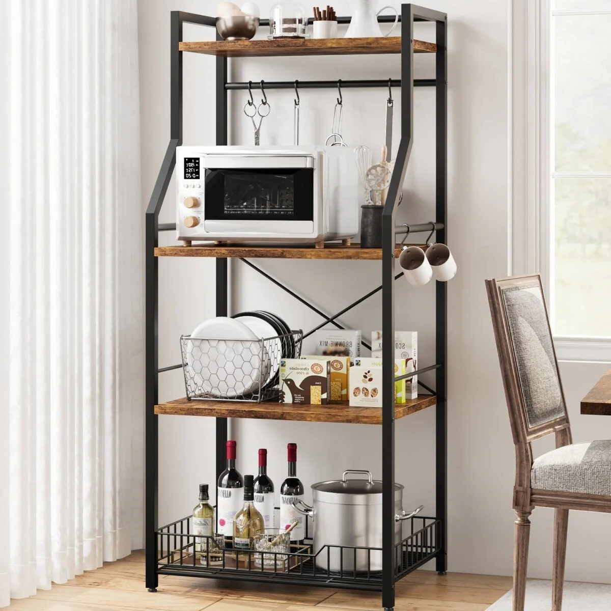 4-Tier Kitchen Bakers Rack with Wire Basket