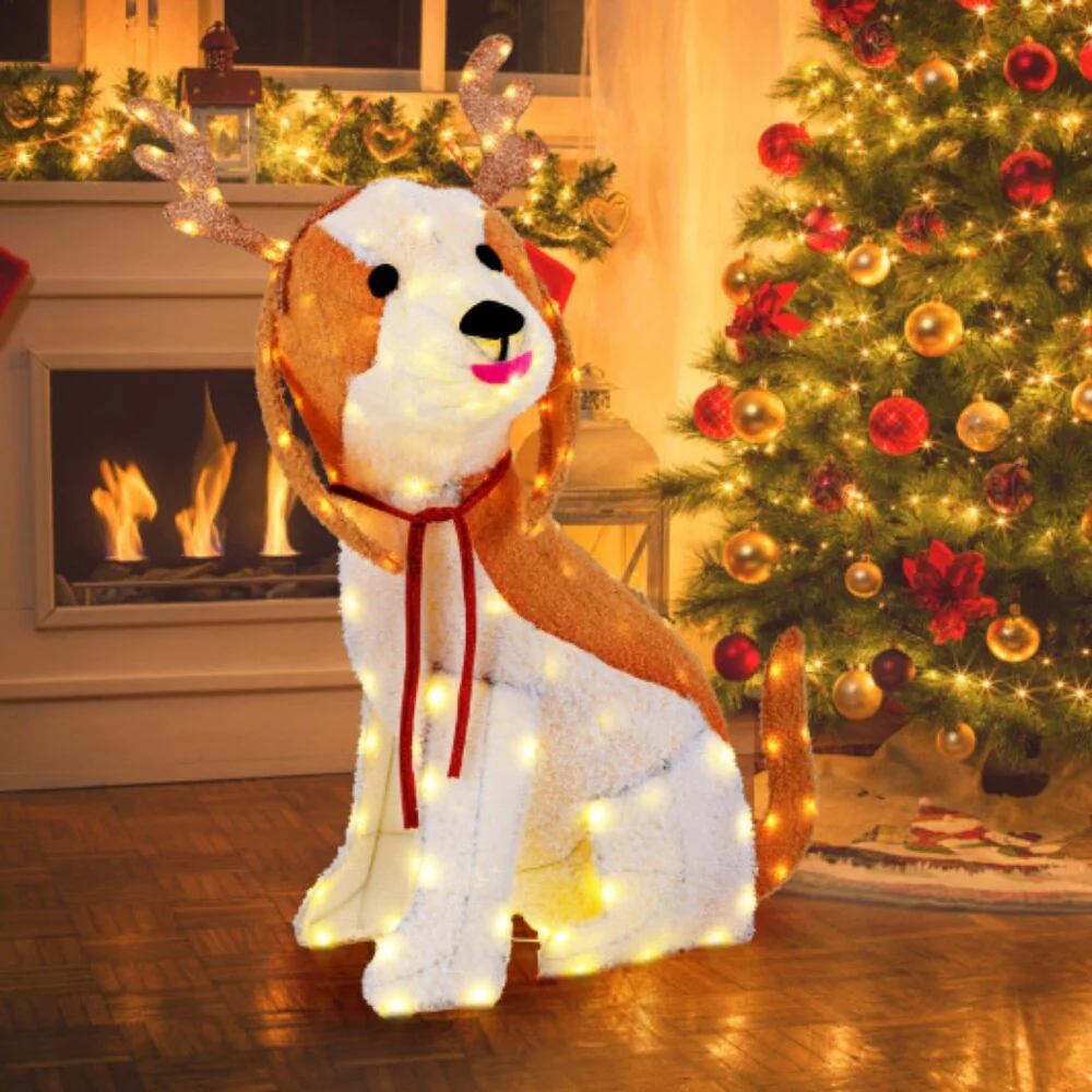 43.5 Inch Lighted Christmas Dog with 164 LED Lights Antlers and Scarf - Brown - 34.5