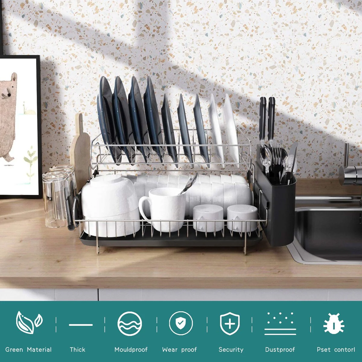 Double Tier Stainless Steel Dish Rack, with Drainboard Set and Utensil Holder - Large