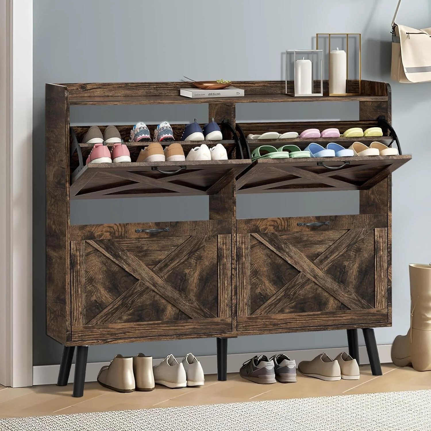 24 Pair Shoe Storage Cabinet Wood Shoe Rack Organizer with 4 Flip Drawers for Entryway