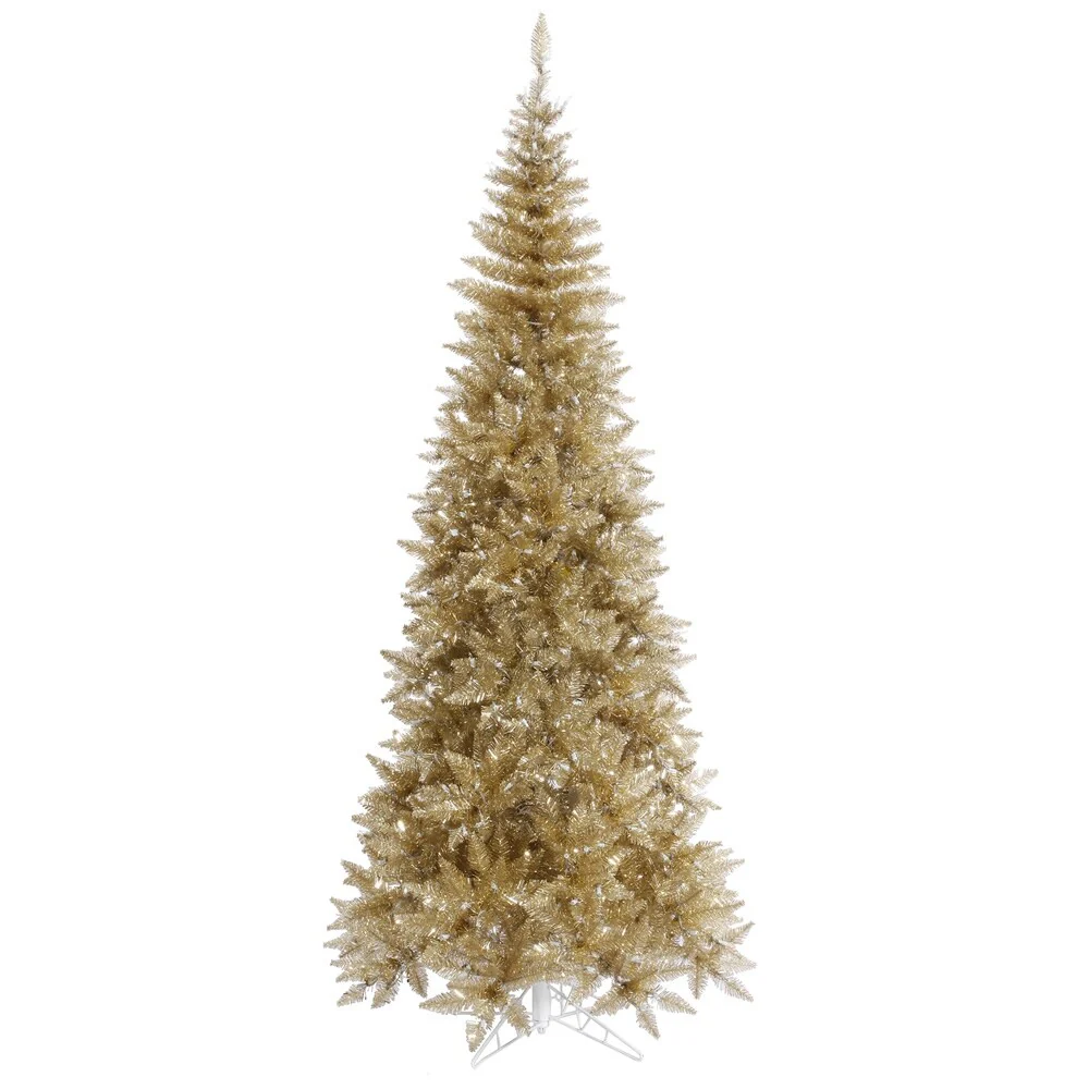 Vickerman 9' Champagne Tinsel Fir Slim Artificial Christmas Tree, Unlit