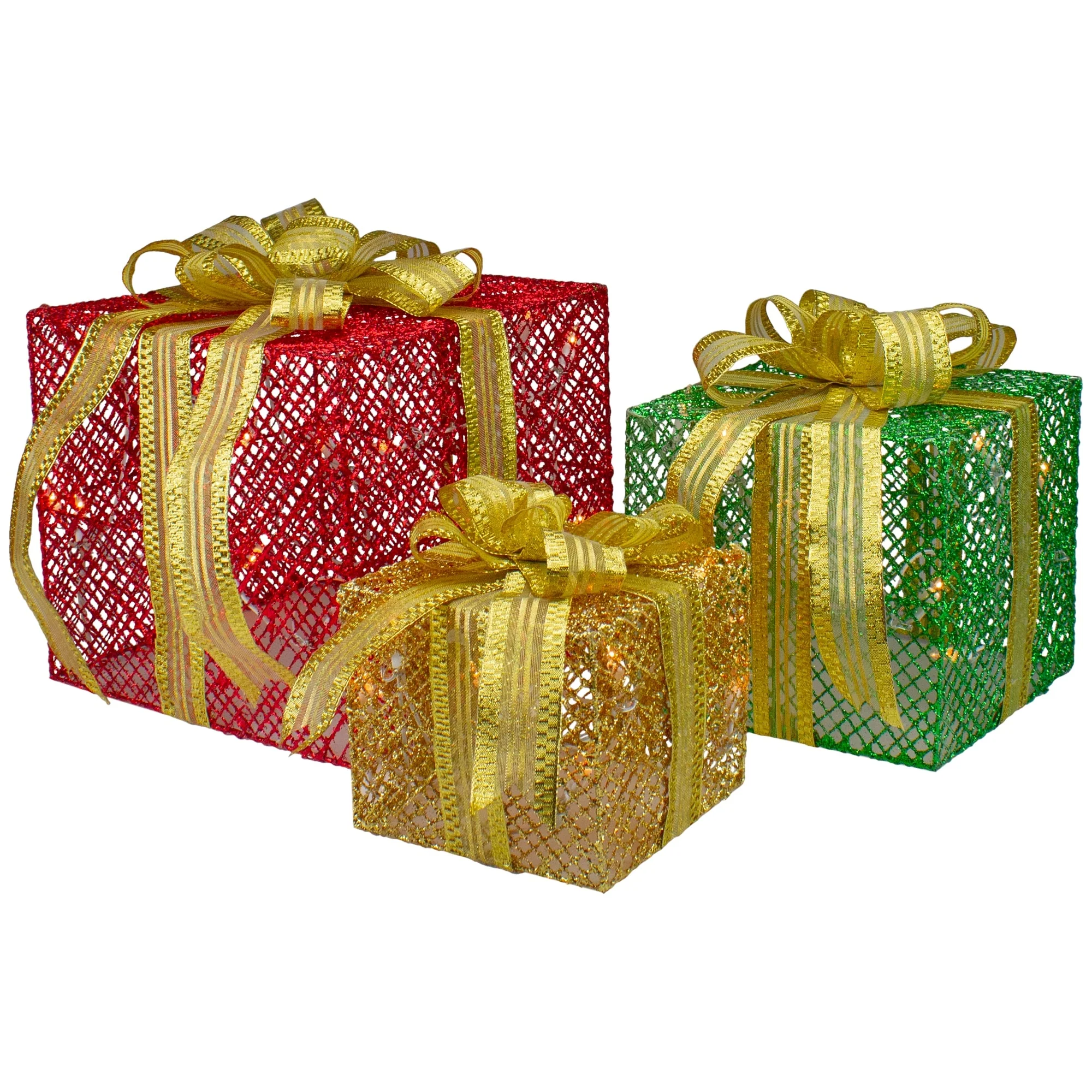 3 LED Red, Green Gold Glitter Gift Boxes Outdoor Christmas Decoration - Red