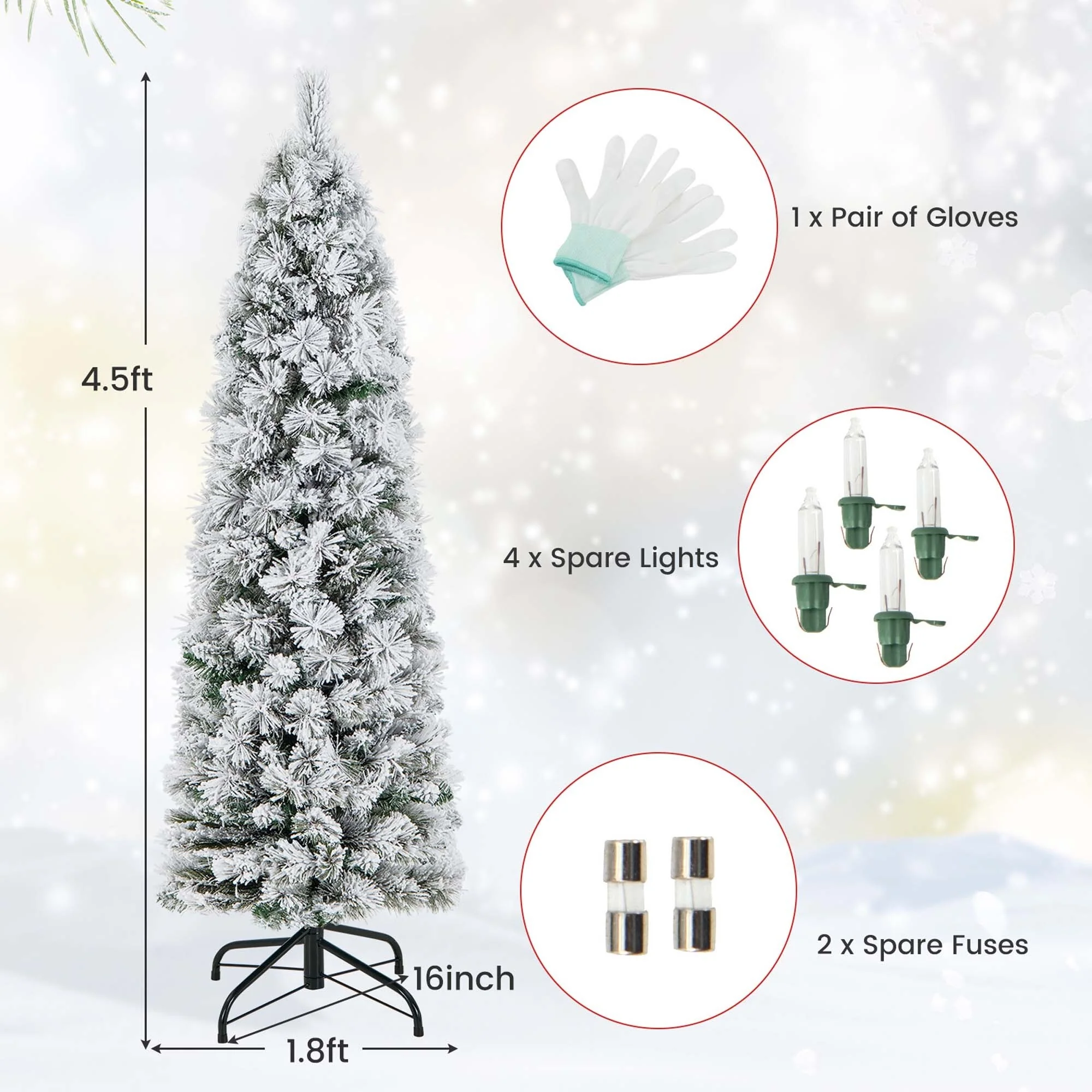 4.5 /6/7FT Pre-Lit Slim Christmas Tree Flocked Decoration w/ Lights
