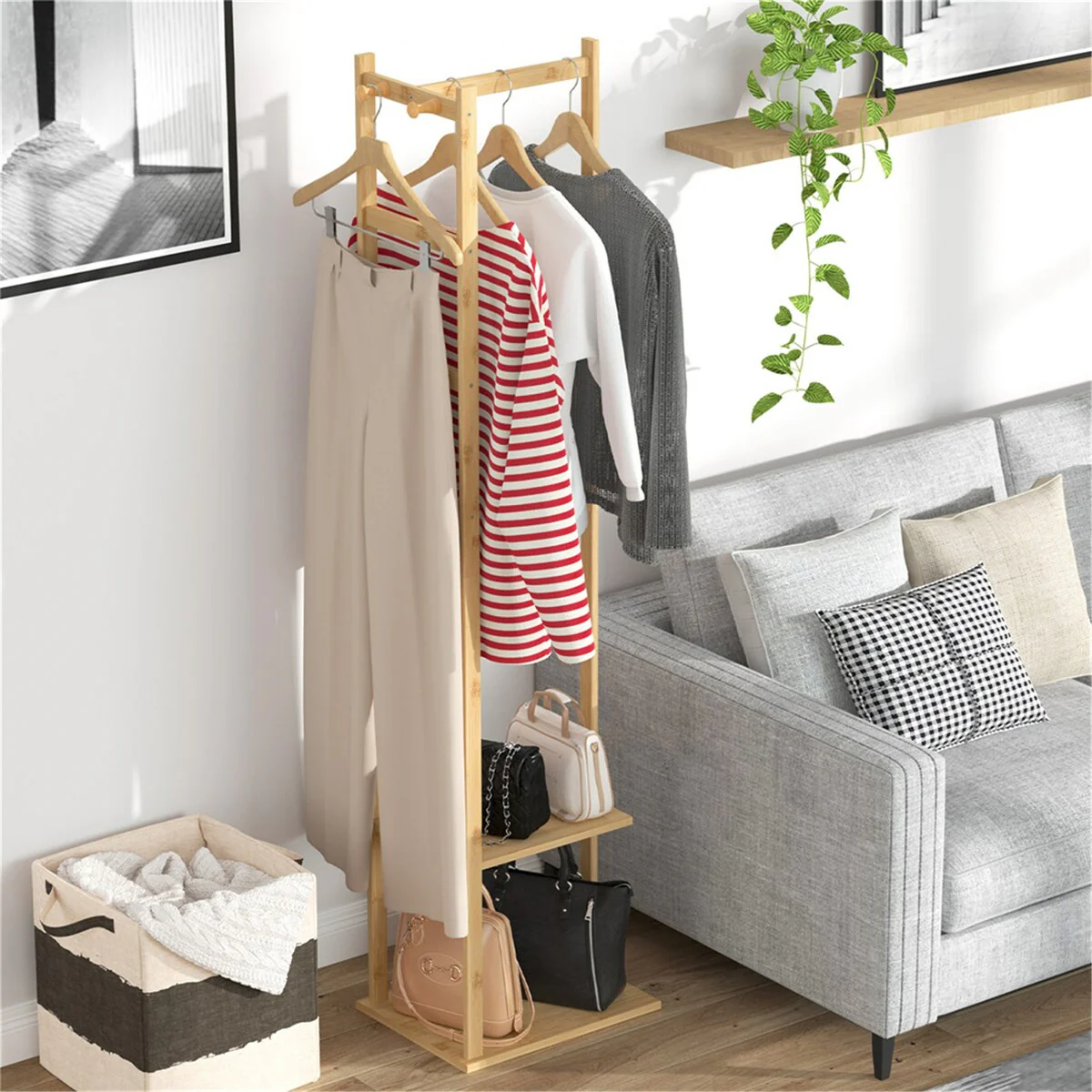 4 in 1 Bamboo Freestanding Entryway Coat Rack Stand with Storage Hooks - N/A