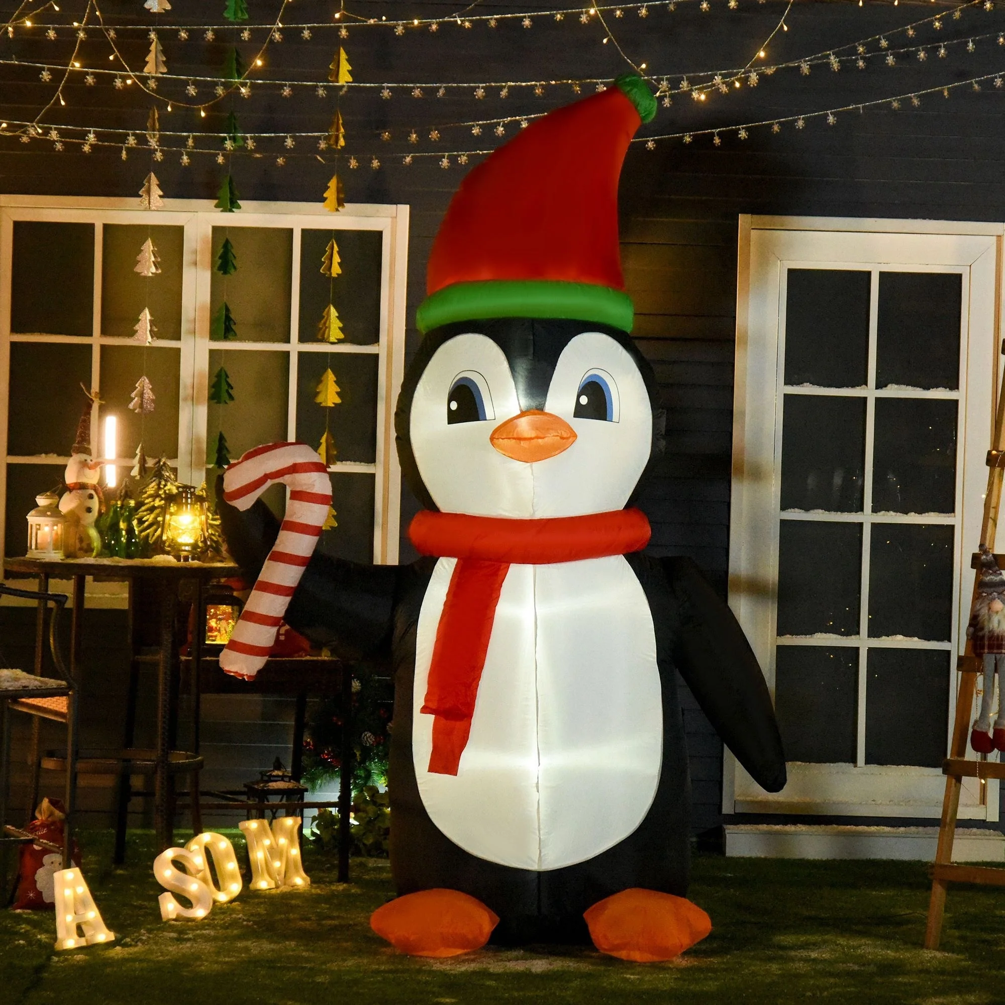 HOMCOM 8 ft. Penguin Inflatable Christmas Decoration with Candy Cane, Outdoor Blow-Up Cute Christmas Decoration