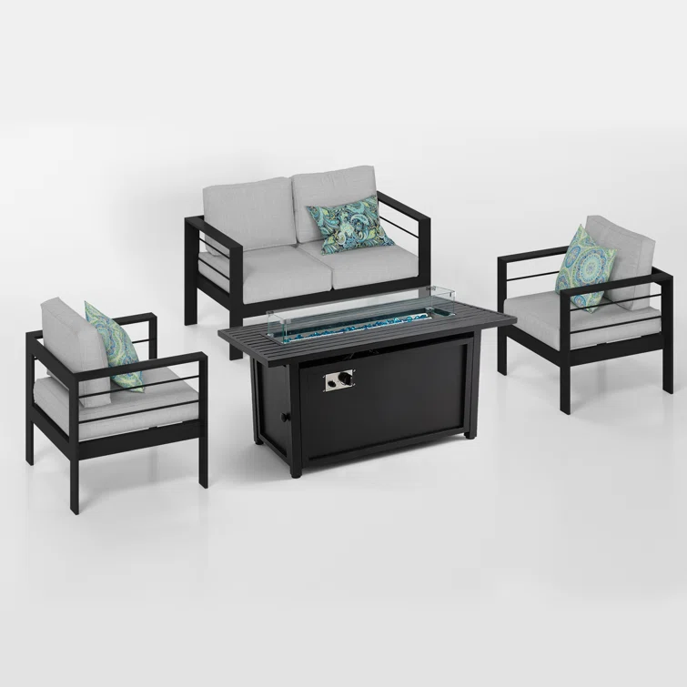 4 - Person Sofa Seating Group With  Cushions and Fire Pit Table