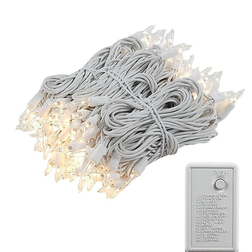 140 Light Chasing Christmas Mini Light Set, Clear, White Wire, 46.5' Long - Clear