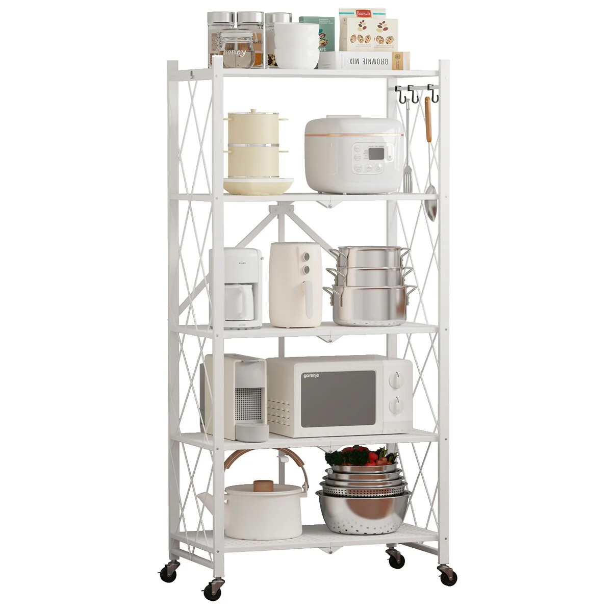 5-Tier Foldable Storage Shelving Unit, Heavy Duty Metal Kitchen Shelf with 3 Hooks