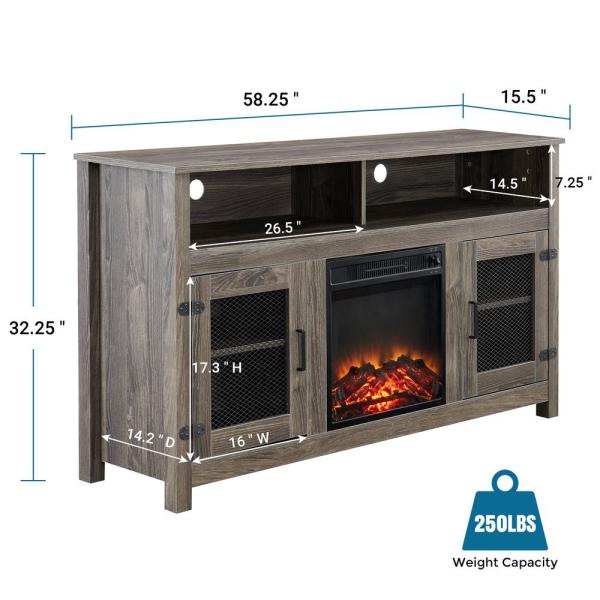 58.25 in. TV Stand Cabinet Sideboard with Electric Fireplace Grey Fits TV's Up to 65 in. with Ajustable Shelves