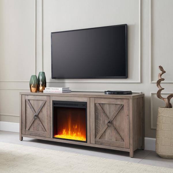 Granger 58 in. Gray Oak TV Stand with Crystal Fireplace Insert
