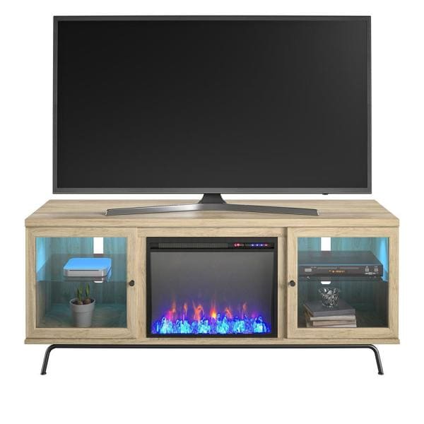 Flicker 64.76 in. Freestanding Electric Fireplace TV Stand in Blonde Oak