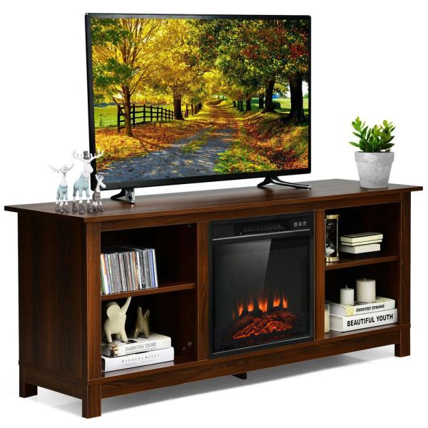 58 in. Fireplace TV Stand with 18 in. 1400-Watt Electric Fireplace 65 in. Walnut (2-Tier)