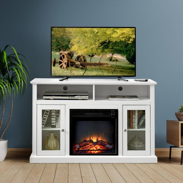 47.5 in. TV Stand Cabinet Sideboard with Electric Fireplace White Fits TV's Up to 55 in. with Ajustable Shelves
