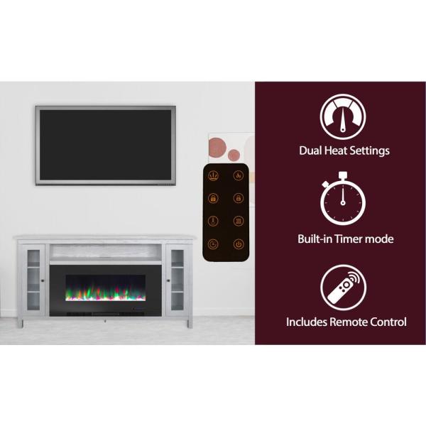 Somerset 70 in. White Electric Fireplace TV Stand in Multi-Color with LED Flames Crystal Rock Display and Remote Control