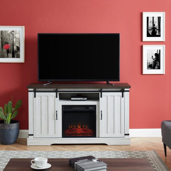 54 in. Freestanding Media Console Electric Fireplace TV Stand with Sliding Barn Door in Stone Gray