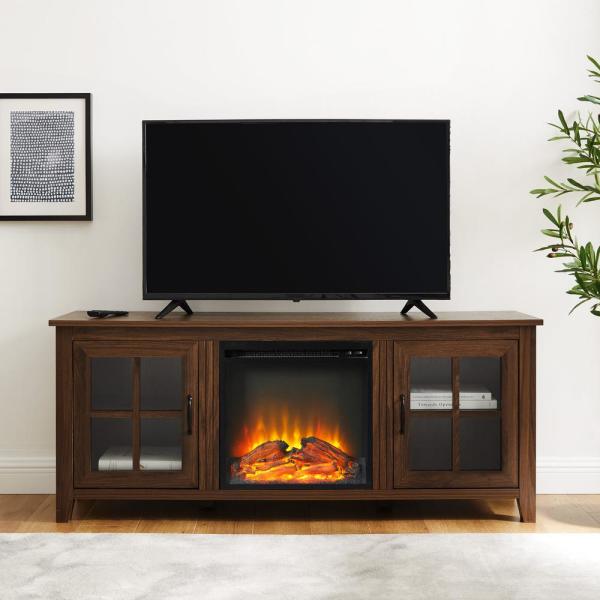 58 in. Dark Walnut Wood and Glass Transitional 2-Door Windowpane Fireplace TV Stand Fits TVs up to 65 in.