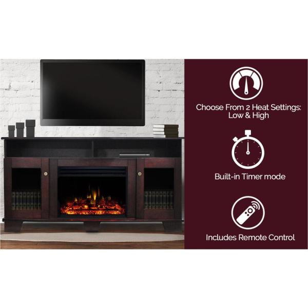 Savona 59 in. Electric Fireplace Heater TV Stand in Mahogany with Enhanced Log Display and Remote