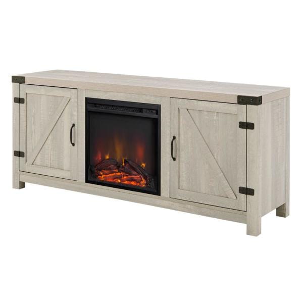 58 in. Stone Grey Wood and Metal Barn Door TV Stand Fits TVs up to 65 in. with Electric Fireplace
