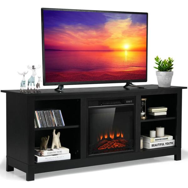 58 in. 2-Tier Fireplace Tv Stand W/18 in. 1400-Watt Electric Fireplace 65 in. Black