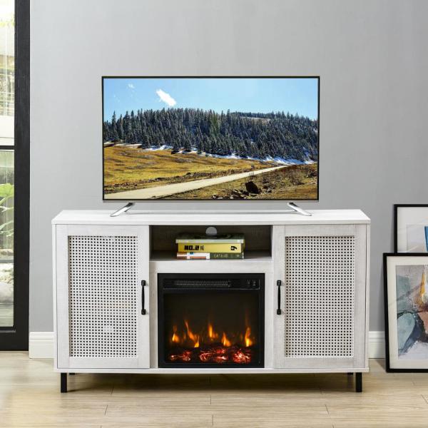 54 in. Saw Cut-Off White TV Stand for TVs up to 60 in. with Electric Fireplace