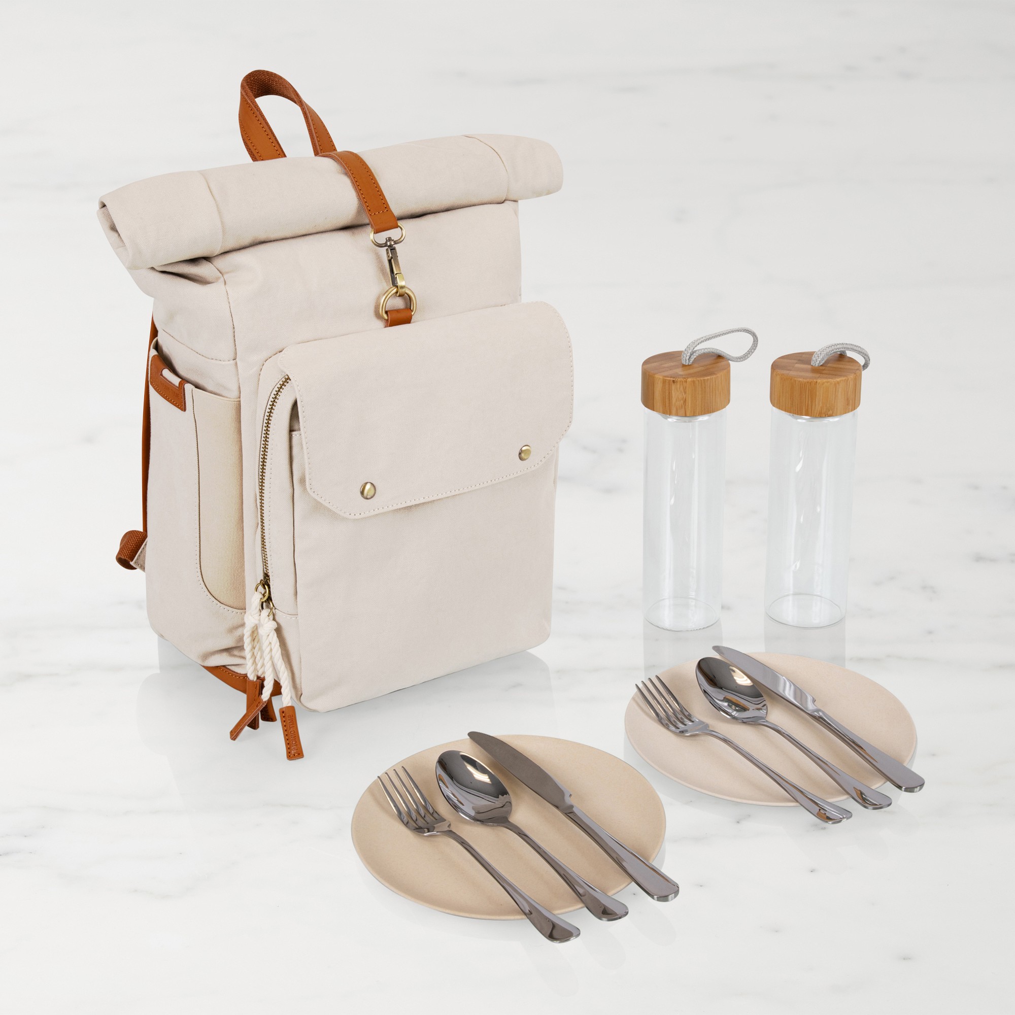 Carmel Roll Top Picnic Backpack Cooler with Utensil Set & Glass Water Bottles