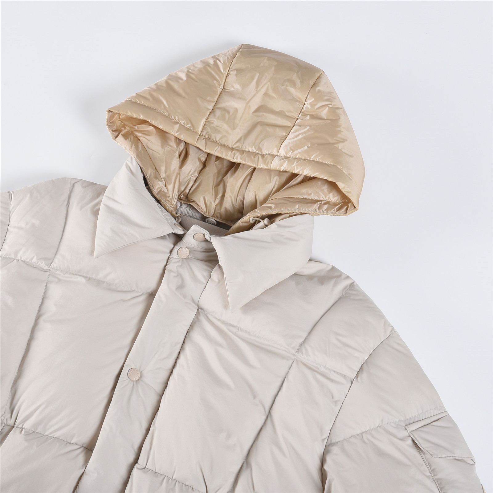Mongkelai 25SS Alize Autumn/Winter New Arrival – Long Down Jacket with Large Logo, Thickened, Detachable Hood, Unisex Beige