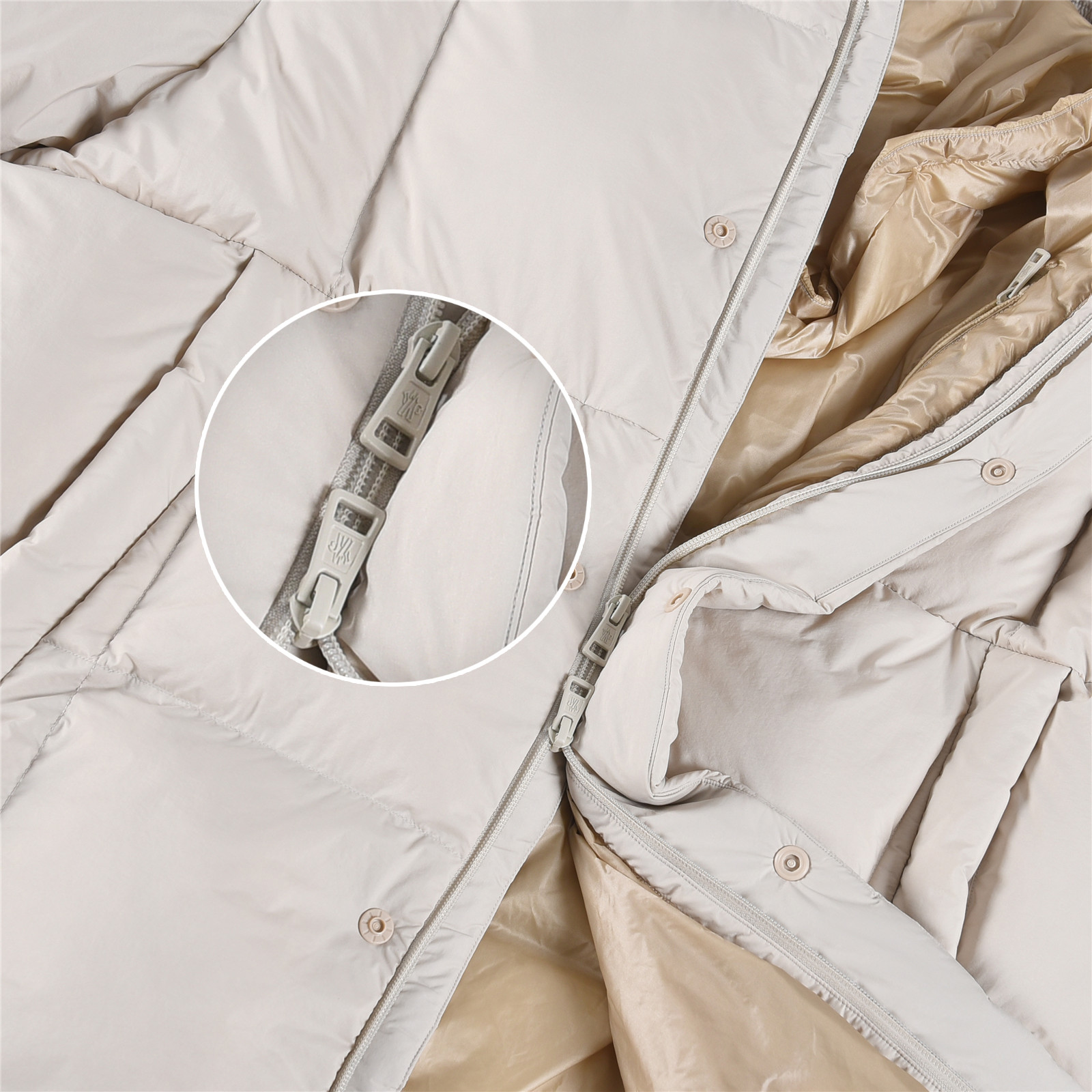 Mongkelai 25SS Alize Autumn/Winter New Arrival – Long Down Jacket with Large Logo, Thickened, Detachable Hood, Unisex Beige