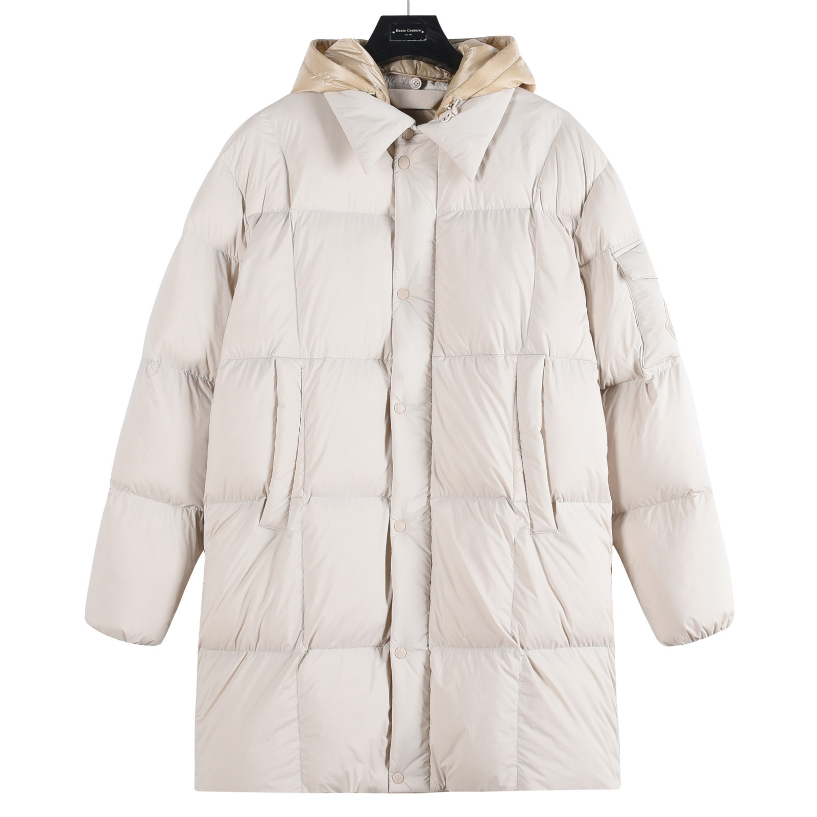 Mongkelai 25SS Alize Autumn/Winter New Arrival – Long Down Jacket with Large Logo, Thickened, Detachable Hood, Unisex Beige