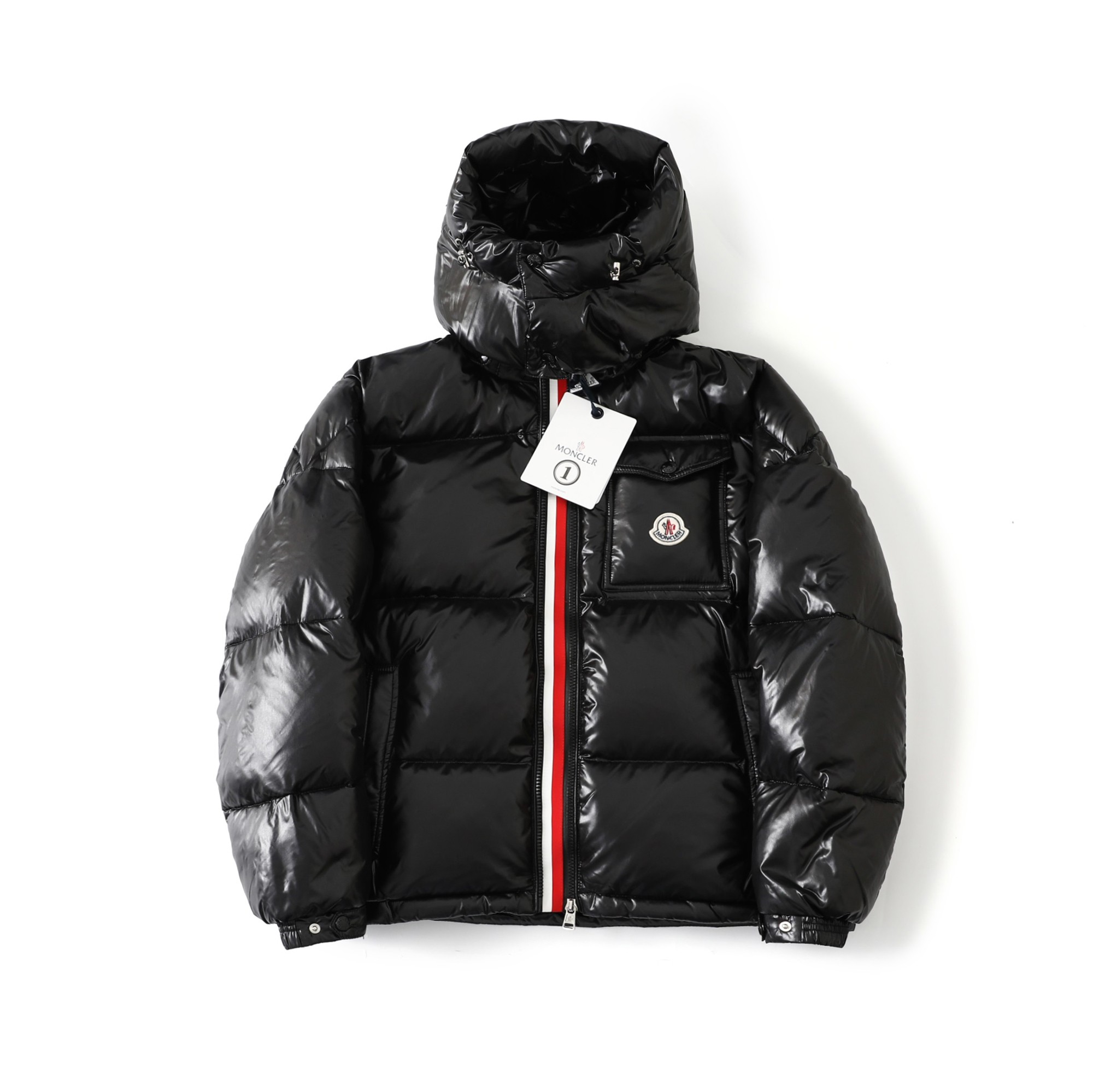 MONCLER Short Down Jacket with Tricolor Webbing – White Goose Down