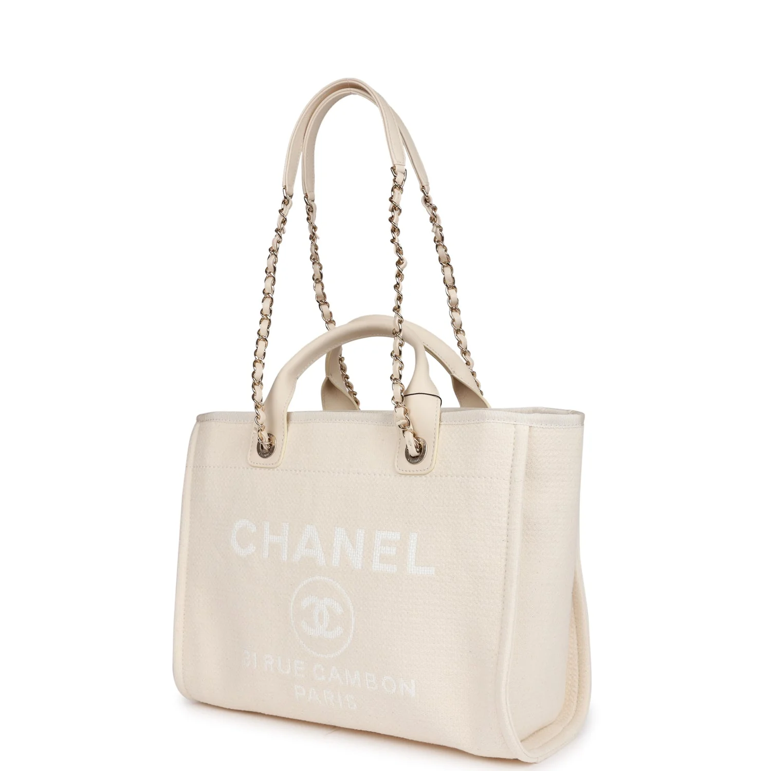 Chanel Large Deauville Shopping Bag White Boucle Light Gold Hardware