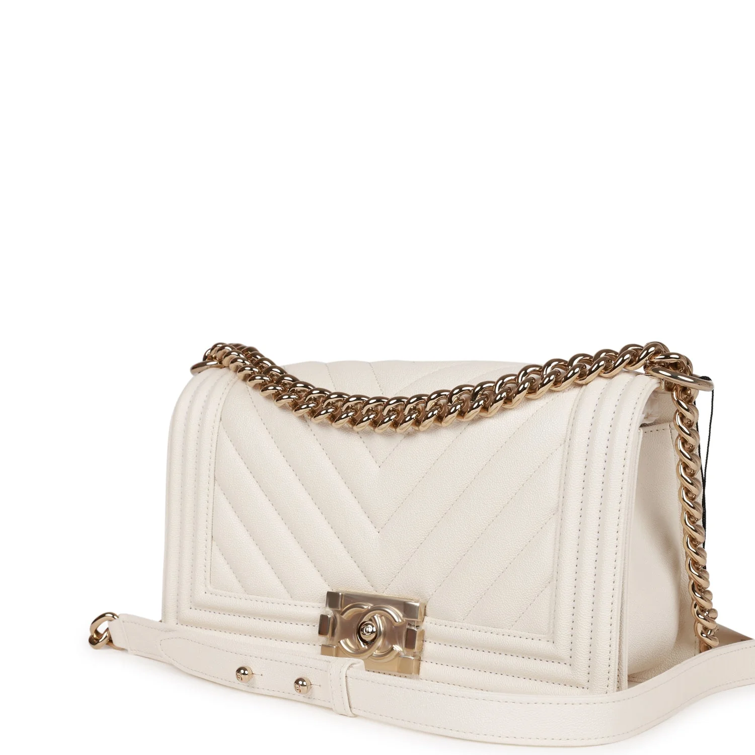 Chanel Medium Boy White Chevron Caviar Light Gold Hardware