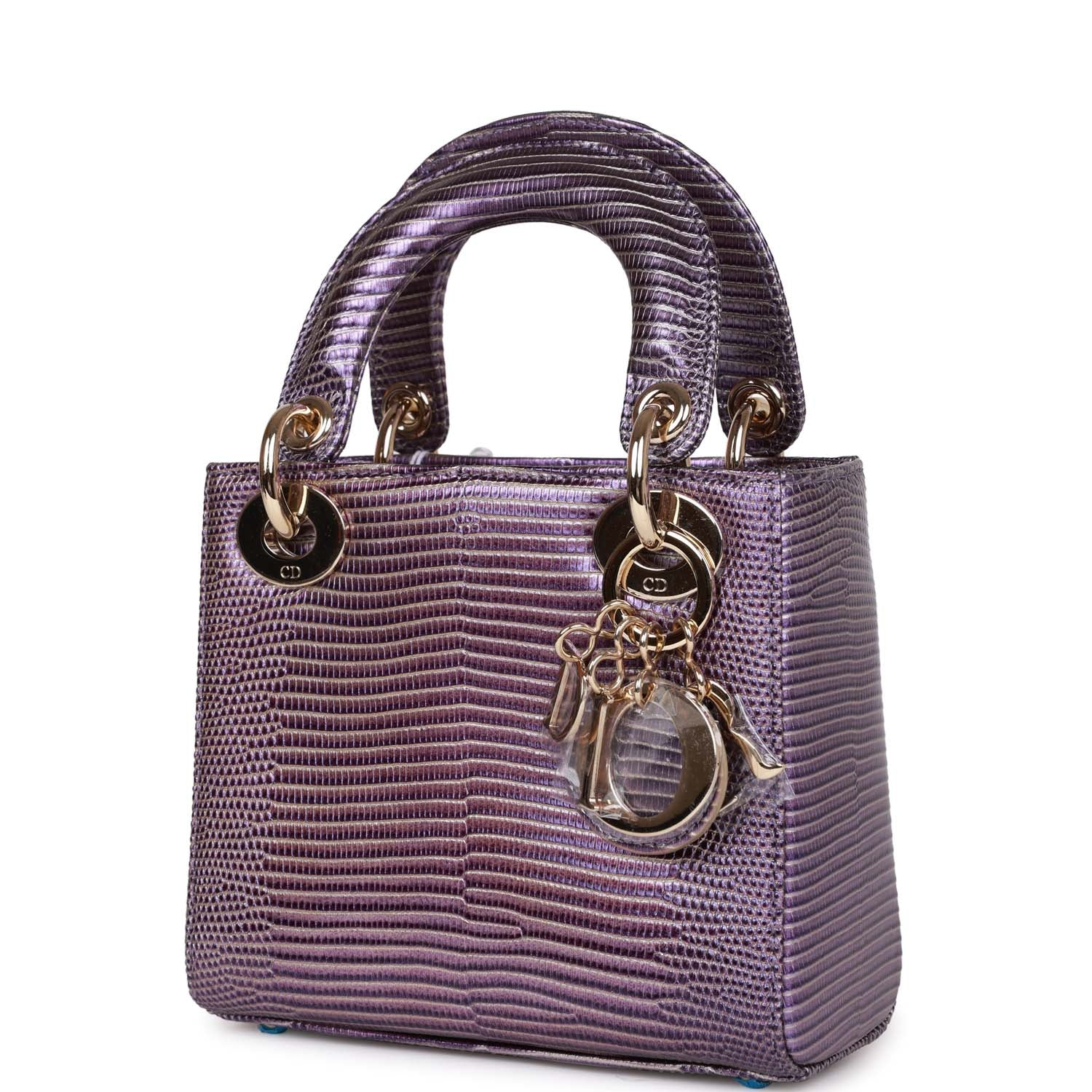 Christian Dior Mini Lady Dior Purple Iridescent Salvator Lizard Light Gold Hardware