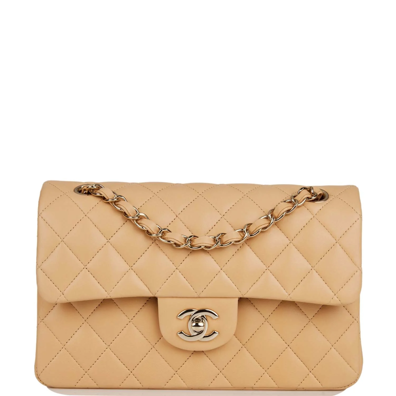 Chanel Small Classic Double Flap Beige Quilted Lambskin Light Gold Hardware