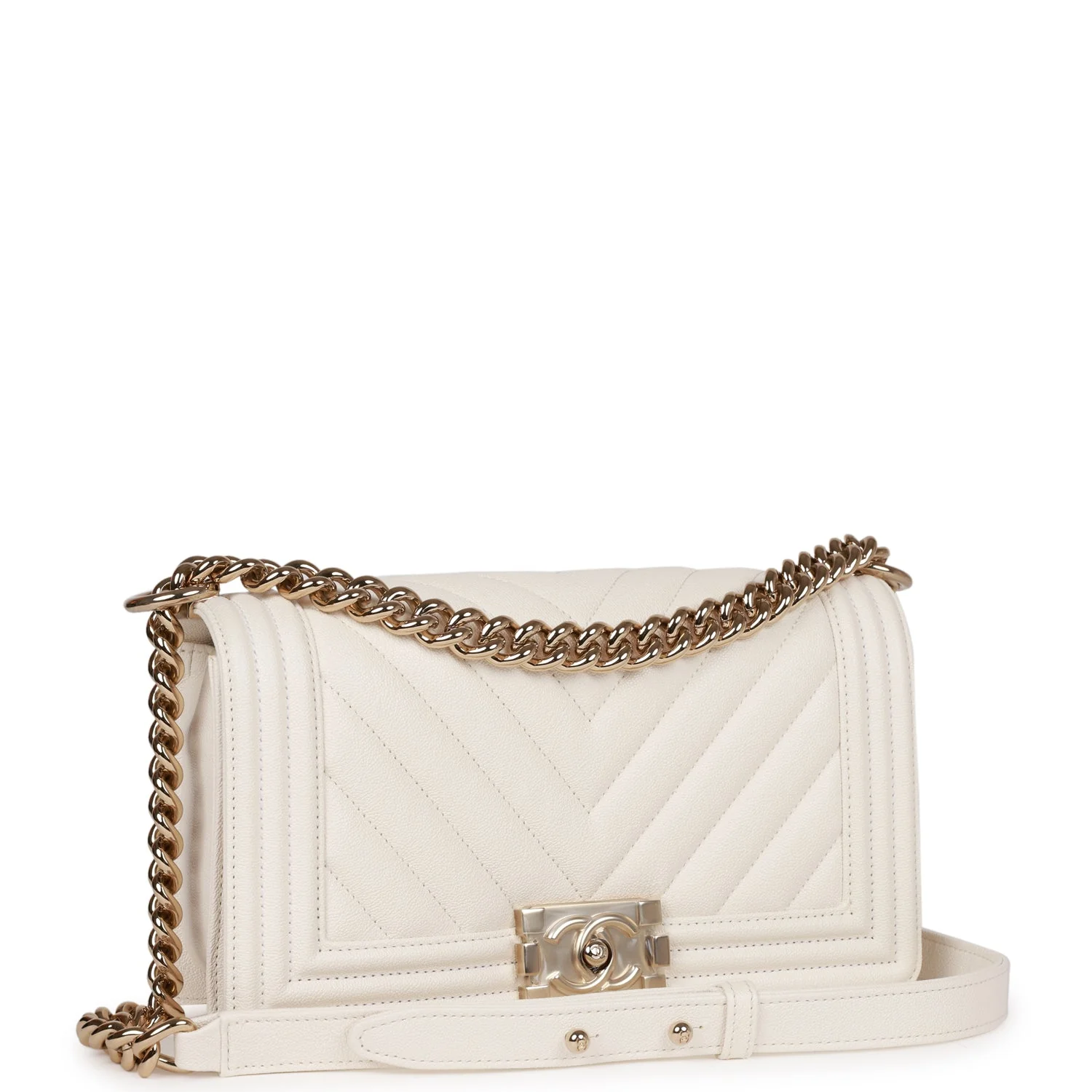 Chanel Medium Boy White Chevron Caviar Light Gold Hardware