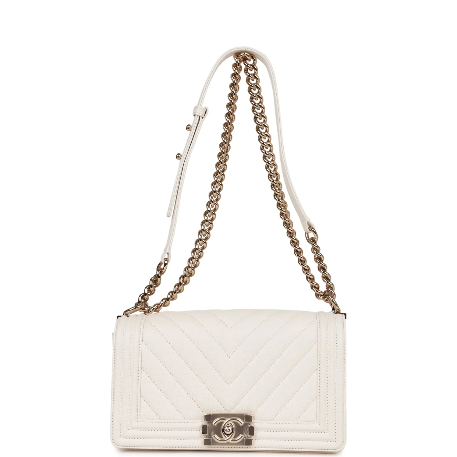 Chanel Medium Boy White Chevron Caviar Light Gold Hardware