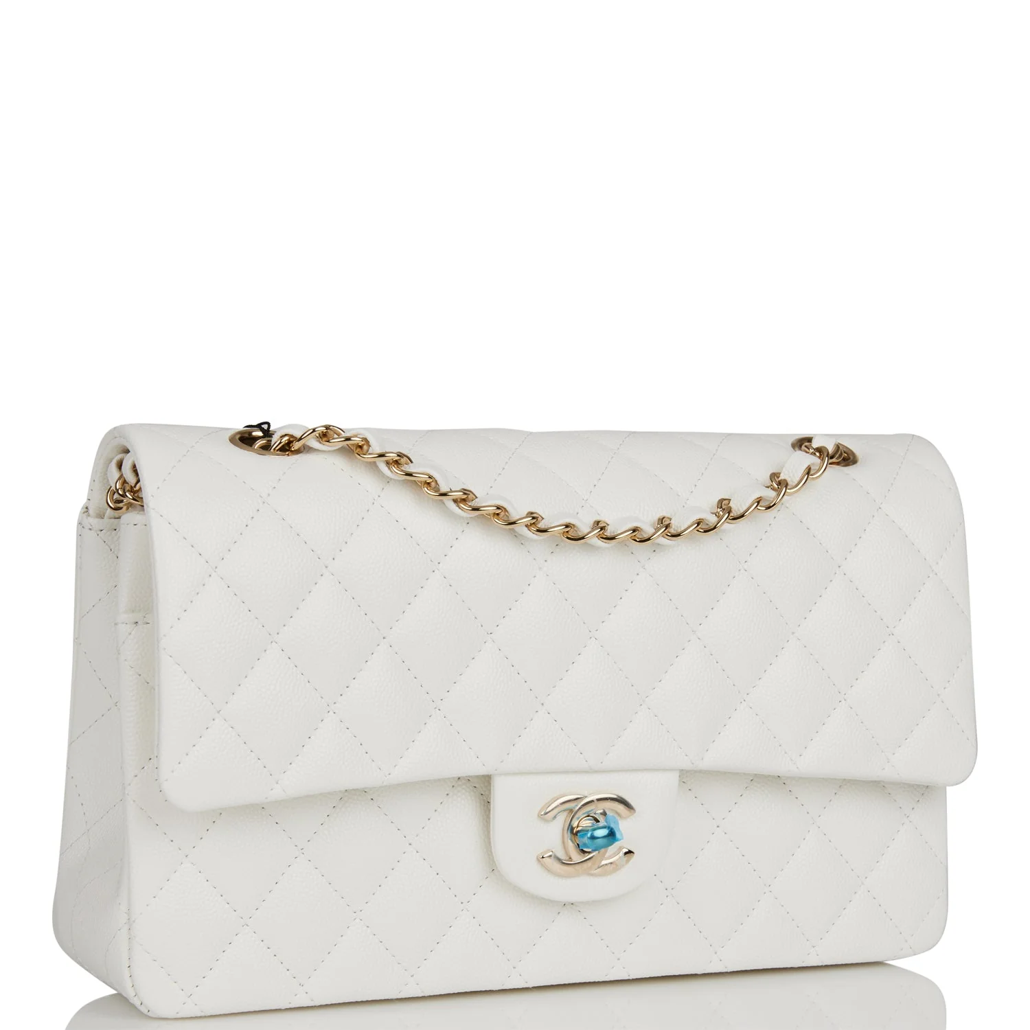 Chanel Medium Classic Double Flap Bag White Quilted Caviar Light Gold Hardware
