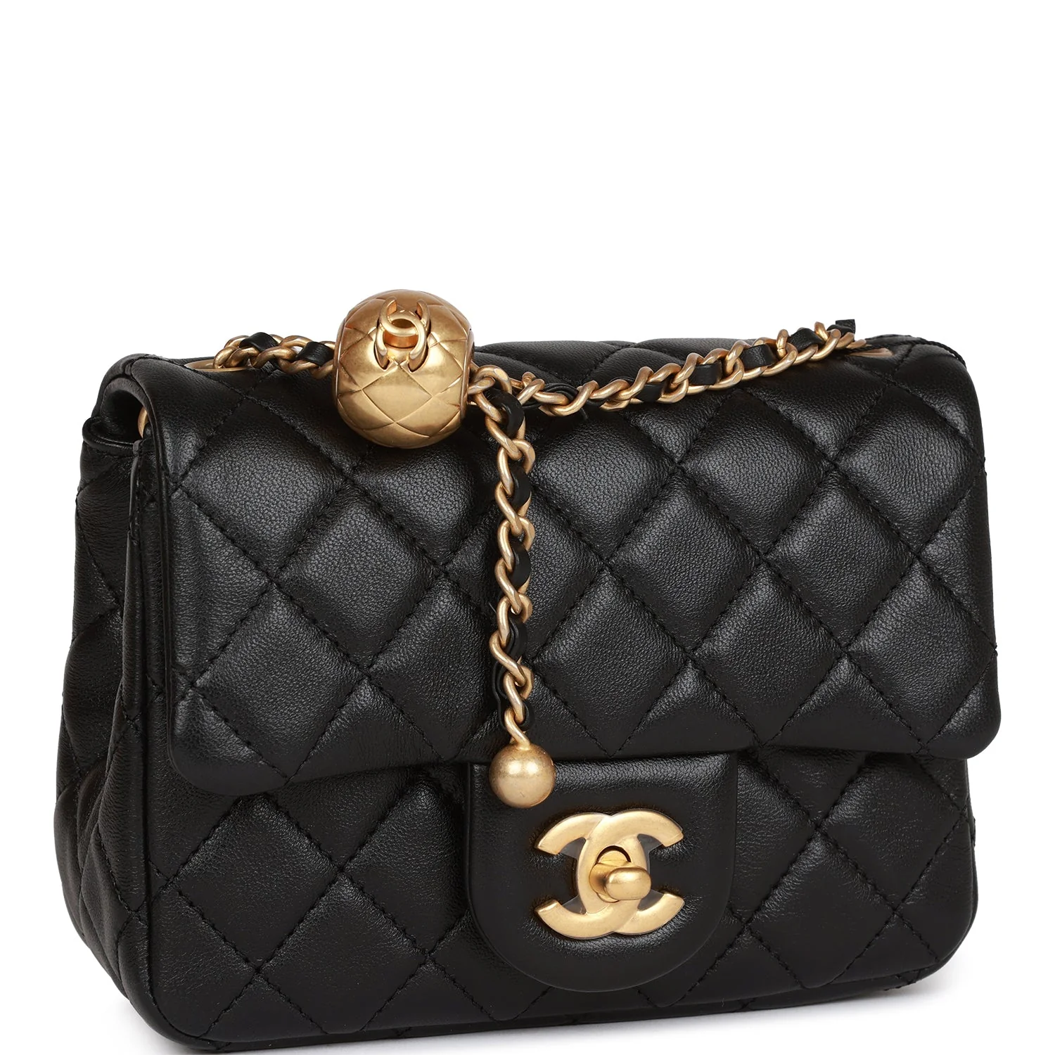 Chanel Pearl Crush Mini Square Flap Bag Black Lambskin Antique Gold Hardware