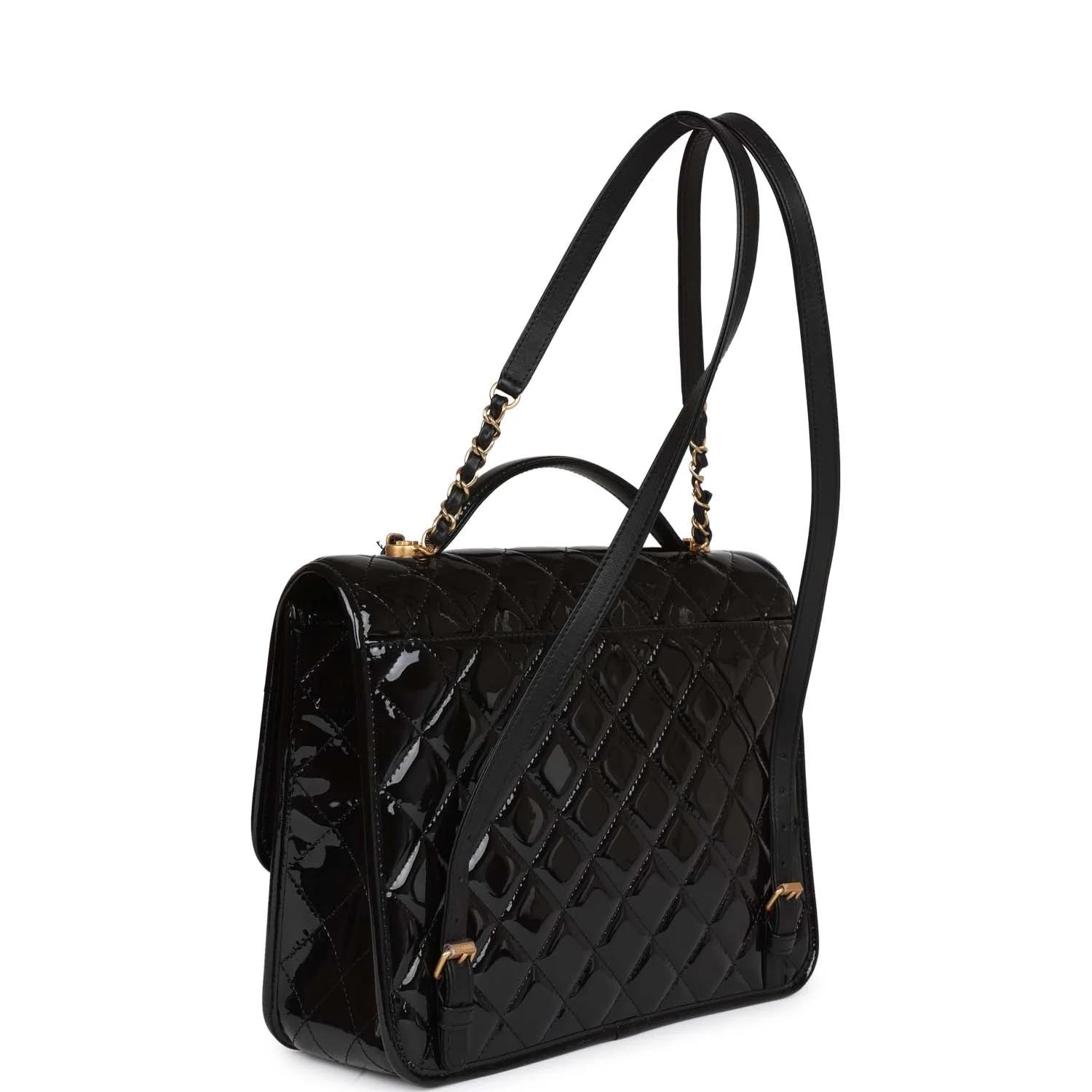 Chanel Large Flap Backpack Black Patent Antique Gold Hardware