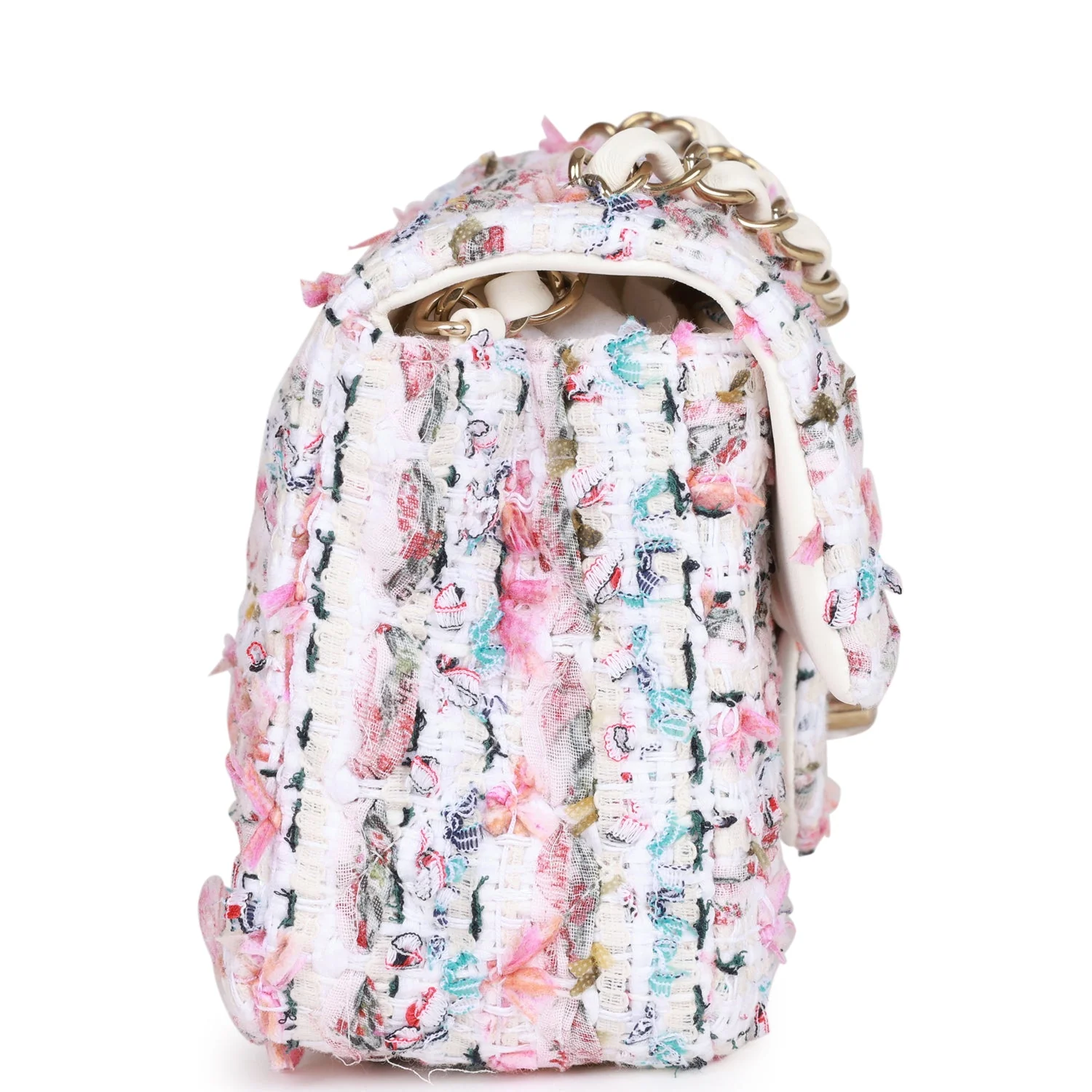 Chanel Mini Rectangular Flap Bag White Tweed Light Gold Hardware