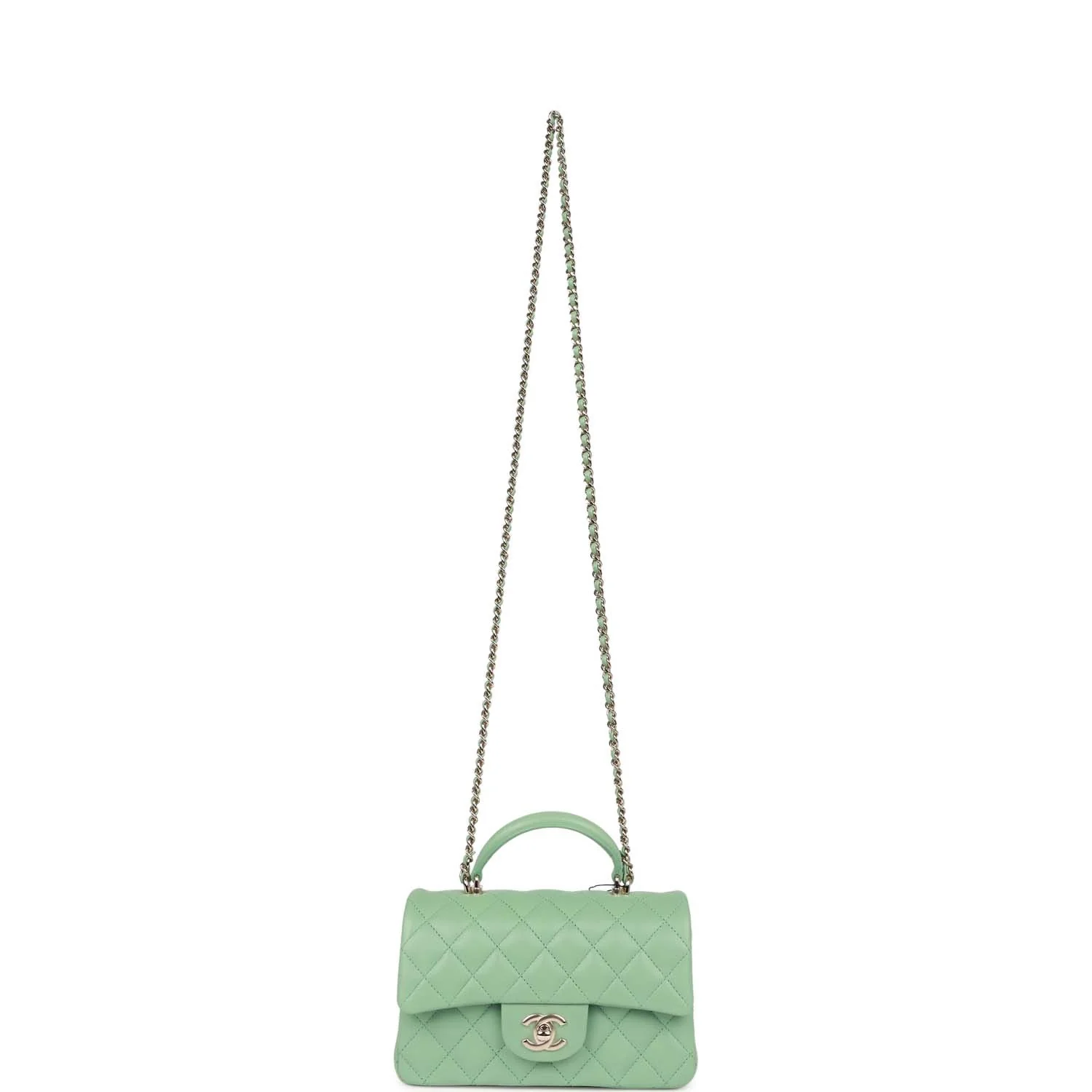 Chanel Mini Rectangular Flap with Top Handle Light Green Lambskin Light Gold Hardware