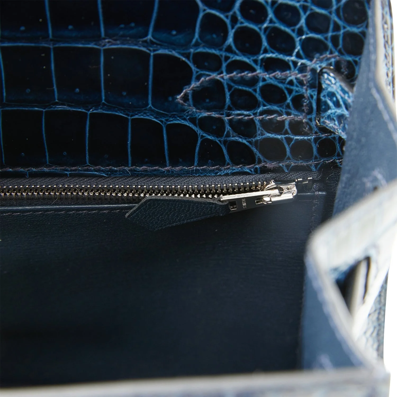 Hermes Kelly Sellier 32 Bleu Baltique Shiny Porosus Crocodile Palladium Hardware